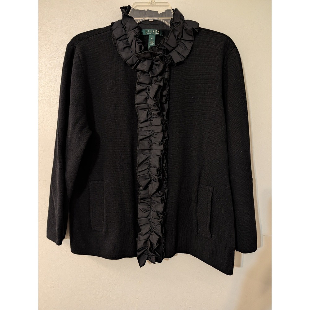 Lauren Ralph Lauren Black Ruffle Trim Cotton Cardigan Sweater XL 200106459